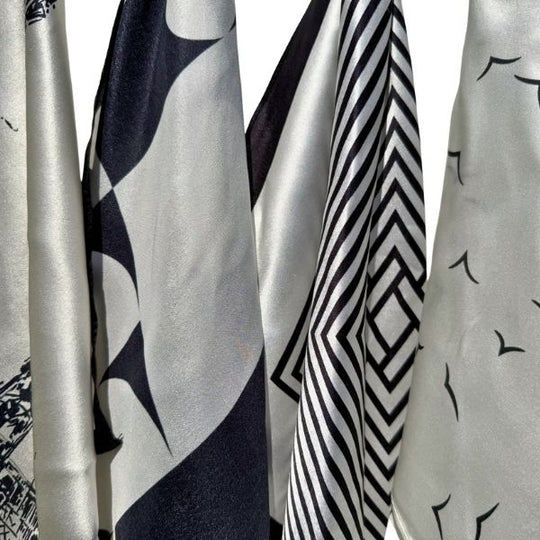 Black and Ivory geometric mulberry silk scarves by lejbelle