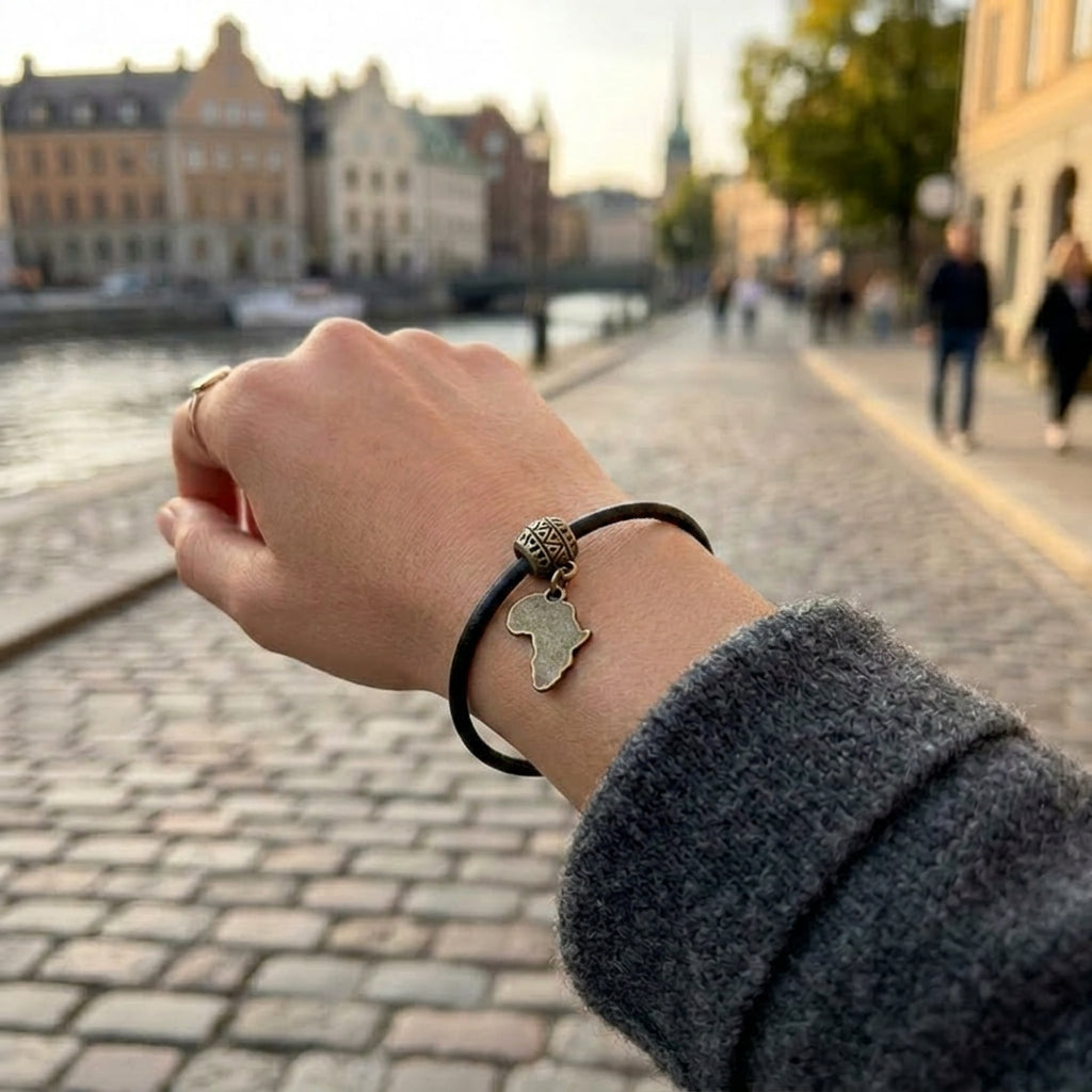 African charm cork bracelet worn in Stockholm – lifestyle view