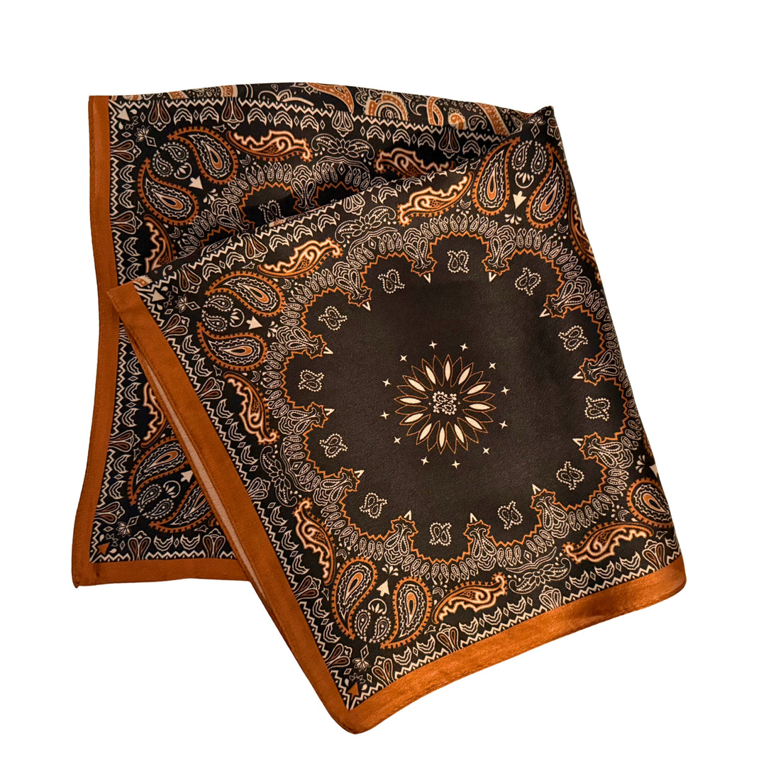 Black and copper silk scarf folded into a square layout showing different angles of the pattern.