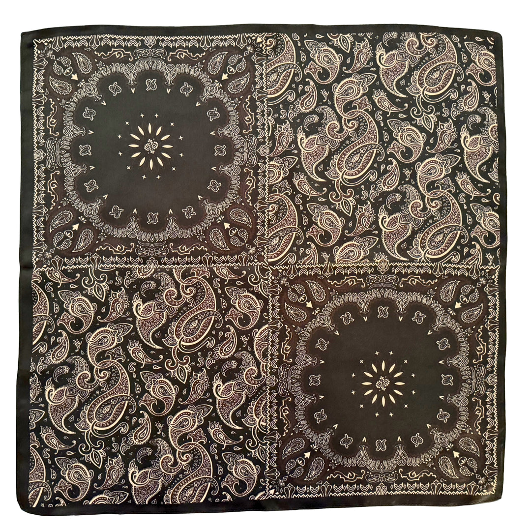 Silk scarf with floral paisley design in black, brown and beige shown in full top view.