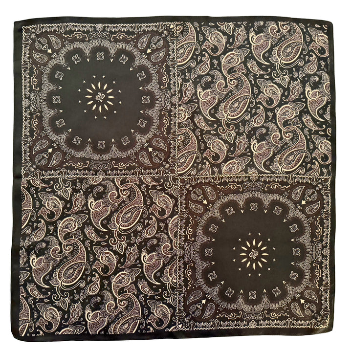 Silk scarf with floral paisley design in black, brown and beige shown in full top view.