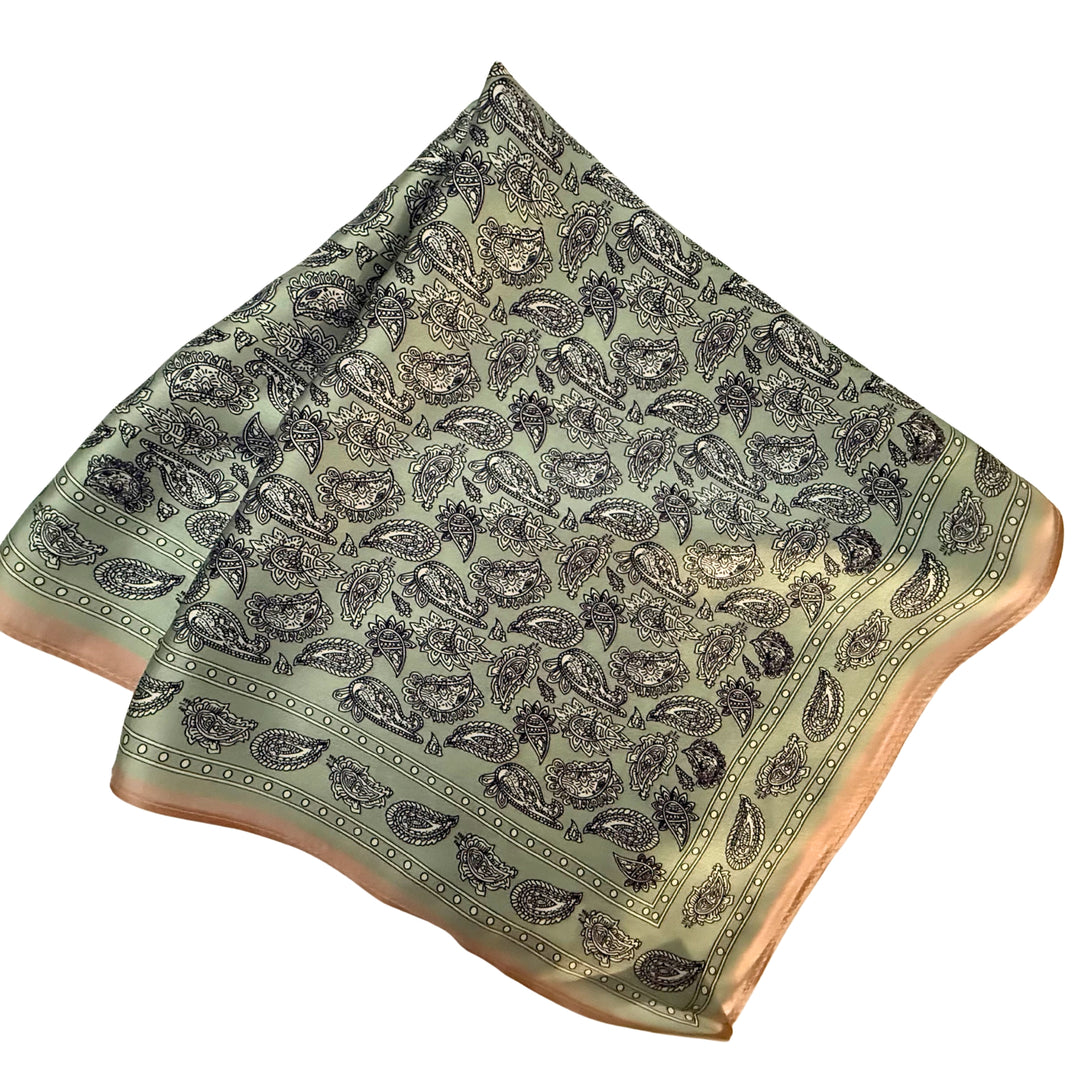 Paisley silk scarf folded into a square layout showing different angles of the pattern.