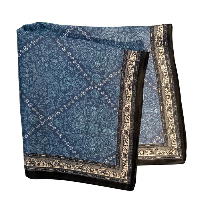 Blue diamond pattern silk scarf folded into a square layout showing different angles of the pattern.