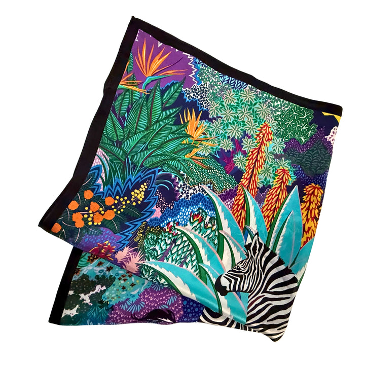 Colourful zebra silk scarf folded into a square layout showing different angles of the design.