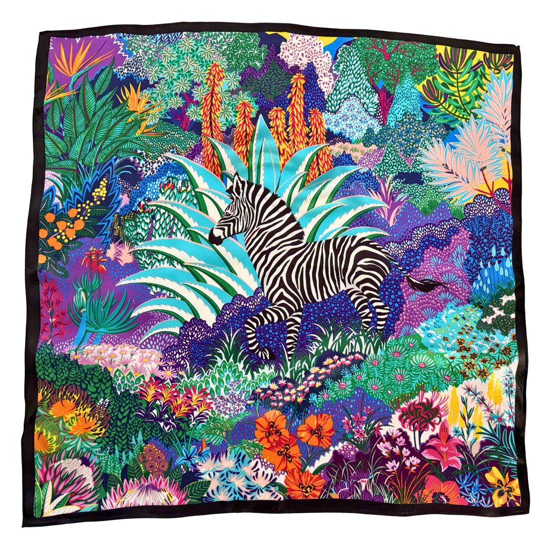 Colourful zebra silk scarf with black border shown in full top view.