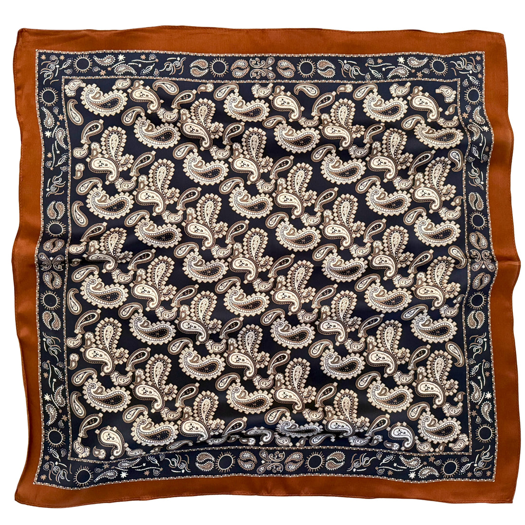 Dark blue paisley mulberry silk scarf shown in full top view.