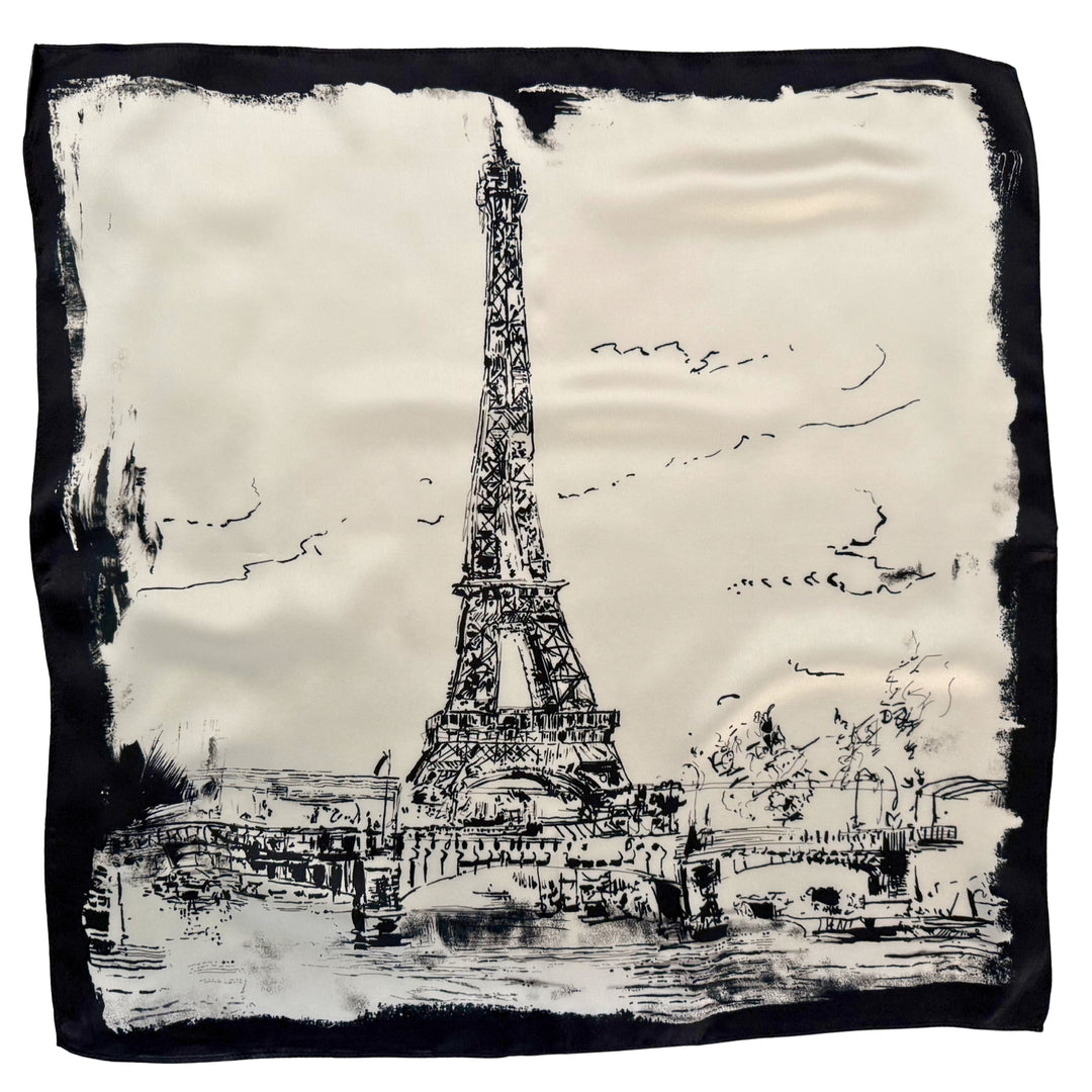 Eiffel Tower silk scarf in black and ivory shown in full top view.