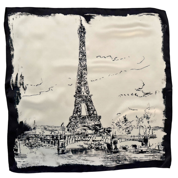 Eiffel Tower silk scarf in black and ivory shown in full top view.