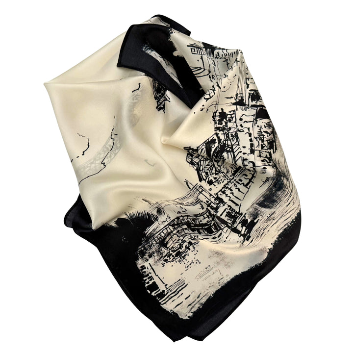 Eiffel Tower silk scarf neatly folded to highlight the Paris design.