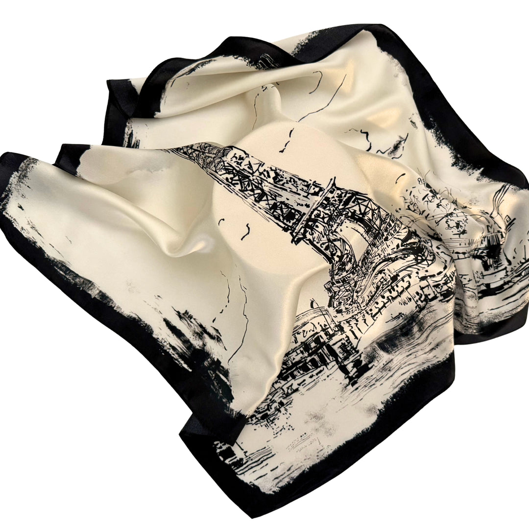 Eiffel Tower silk scarf loosely spread to display the full illustration.