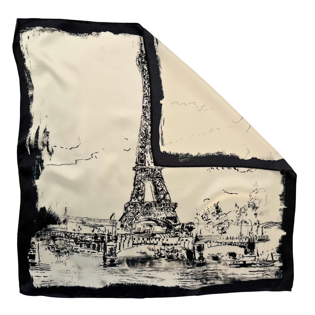 Eiffel Tower silk scarf with folded corner showing the reverse side and one-sided print.
