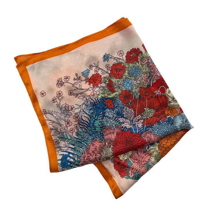 Floral horse silk scarf folded into a square layout showing different angles of the floral horse motif.