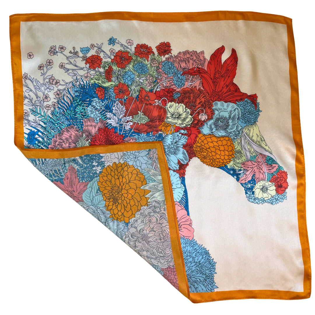 Floral horse silk scarf with folded corner showing the reverse side and one-sided print.