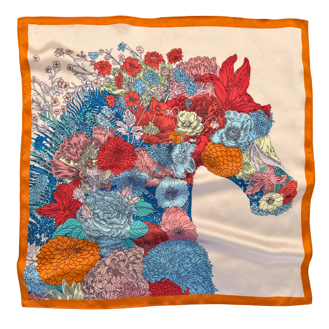 Floral horse head silk scarf with orange border shown in full top view.