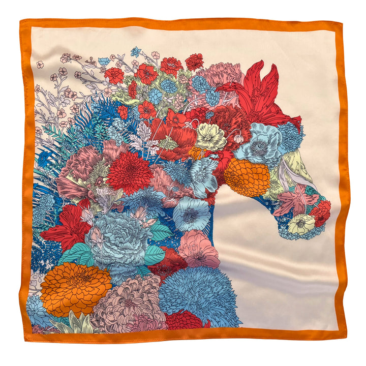 Floral horse head silk scarf with orange border shown in full top view.