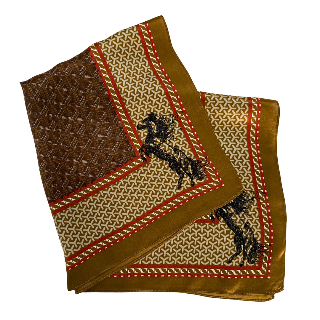 Galloping horse silk scarf folded into a square layout showing different angles of the pattern.