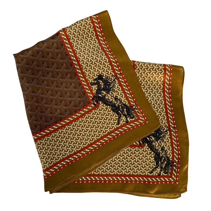 Galloping horse silk scarf folded into a square layout showing different angles of the pattern.