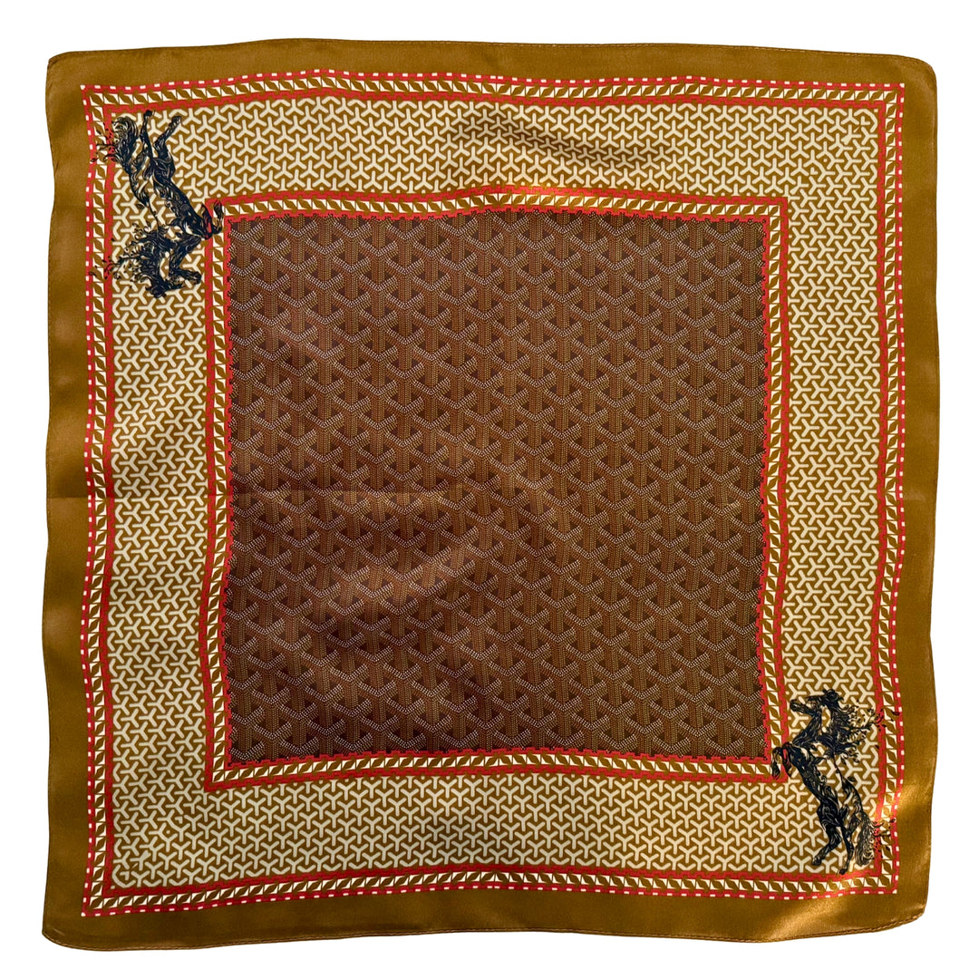 Minimal silk scarf with two horses galloping toward the centre shown in full top view.