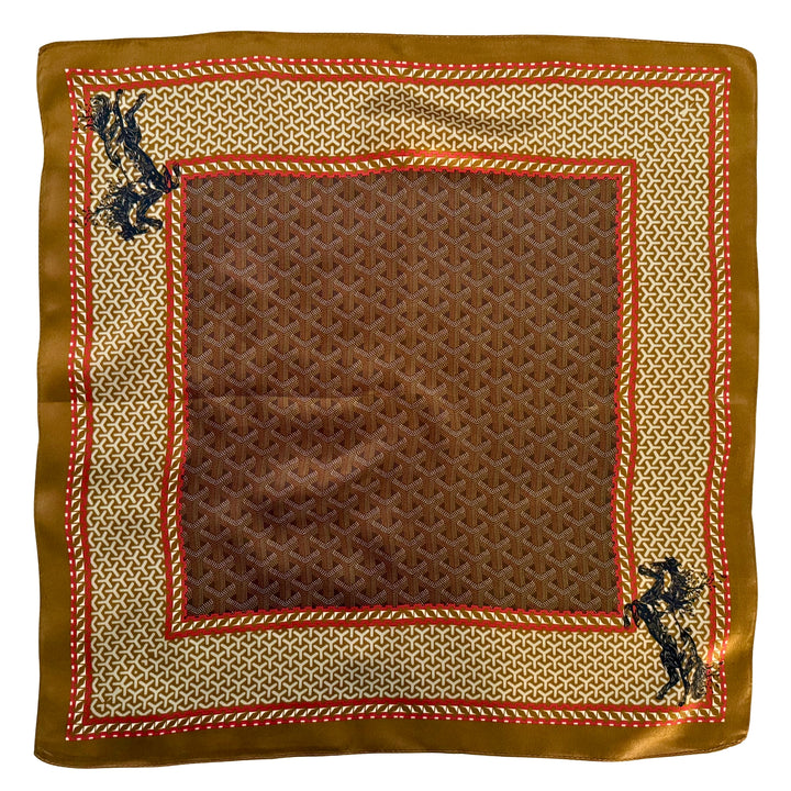 Minimal silk scarf with two horses galloping toward the centre shown in full top view.