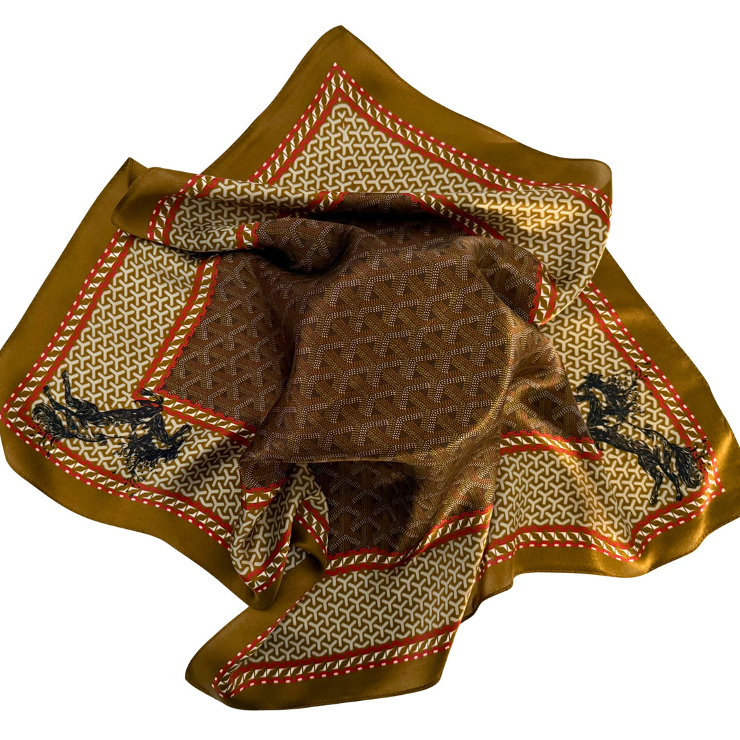 Galloping horse silk scarf loosely spread to display the full motion design and border.