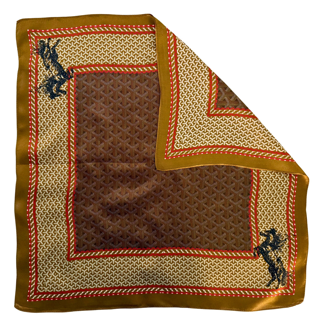 Galloping horse silk scarf with folded corner showing reverse side and one-sided print.