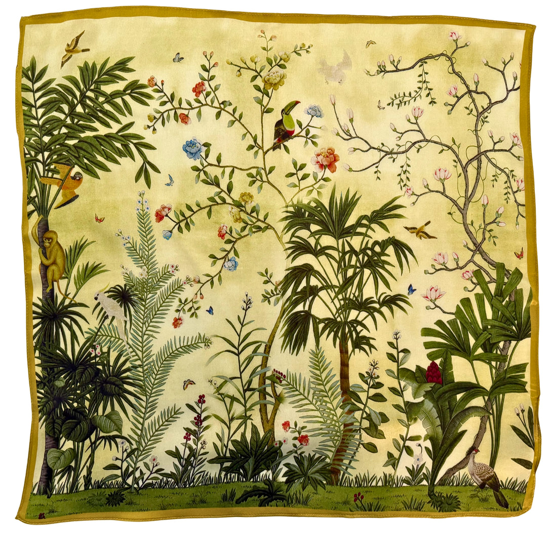 Green botanical silk scarf with wildlife print shown in full top view.