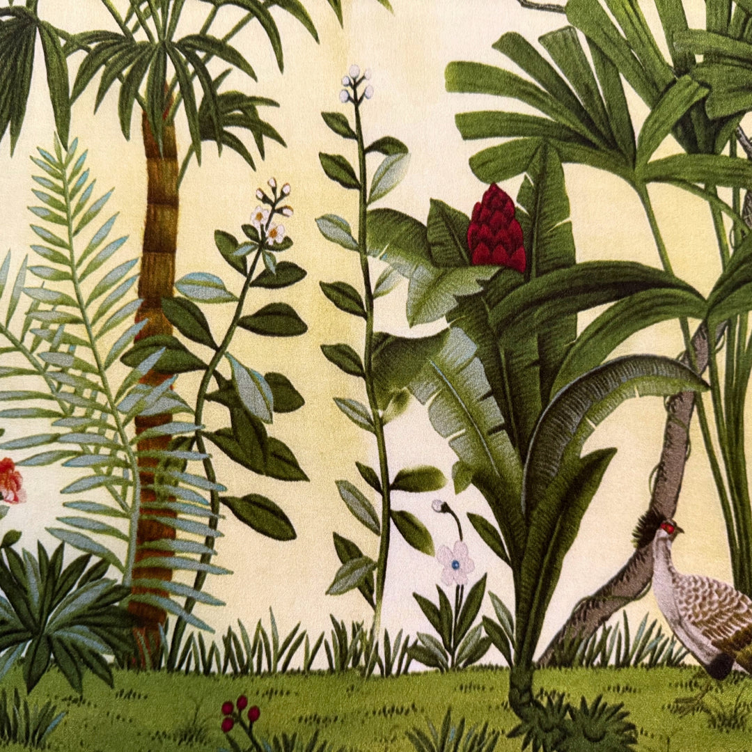 Close-up of botanical print featuring foliage, birds, butterflies and monkey.
