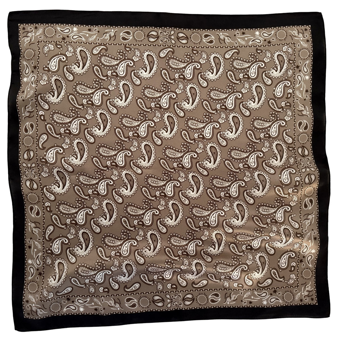 Grey beige paisley mulberry silk scarf with black border, shown flat.