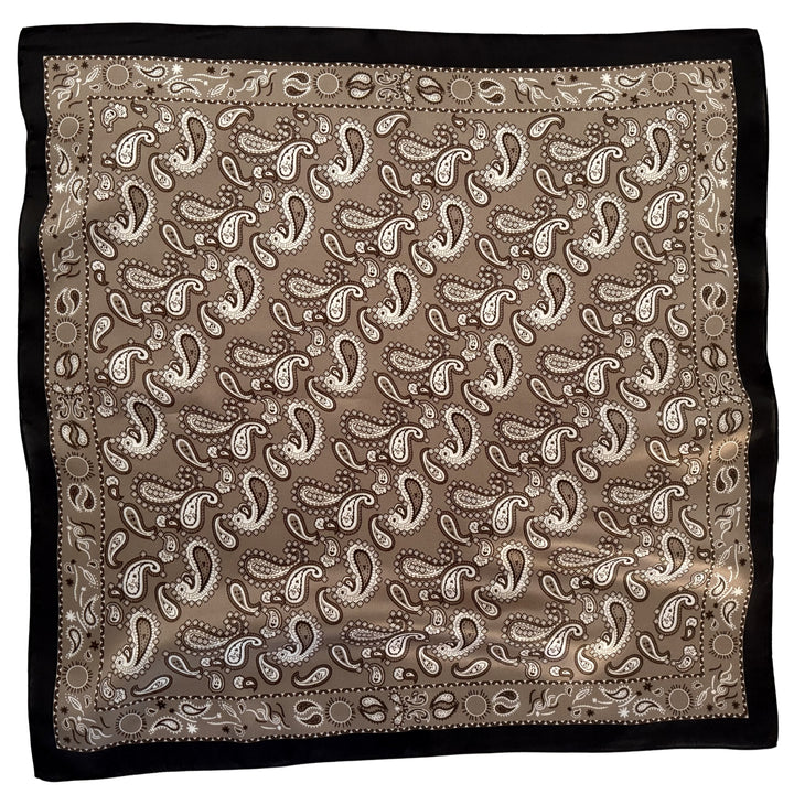 Grey beige paisley mulberry silk scarf with black border, shown flat.