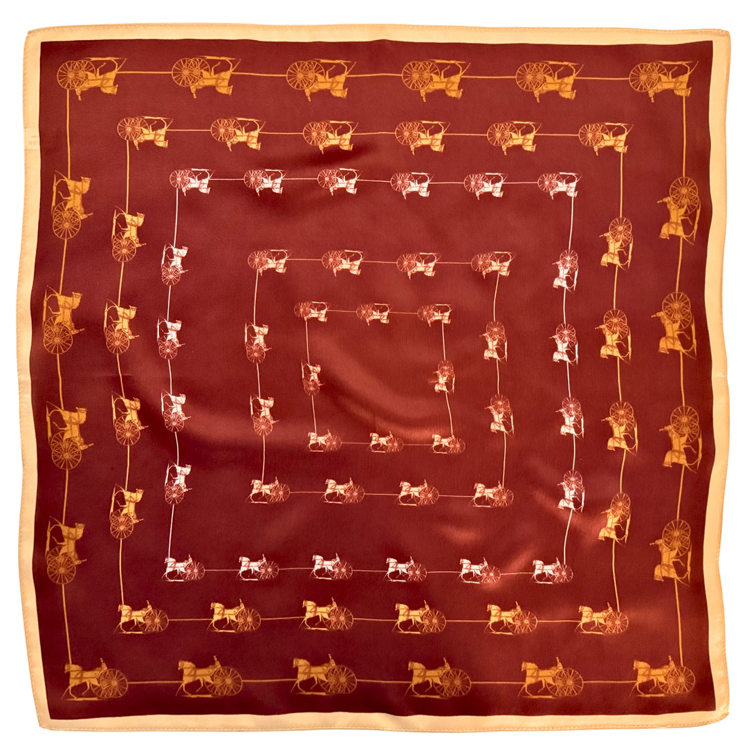 Maroon silk scarf with framed horse and carriage motifs shown in full top view.