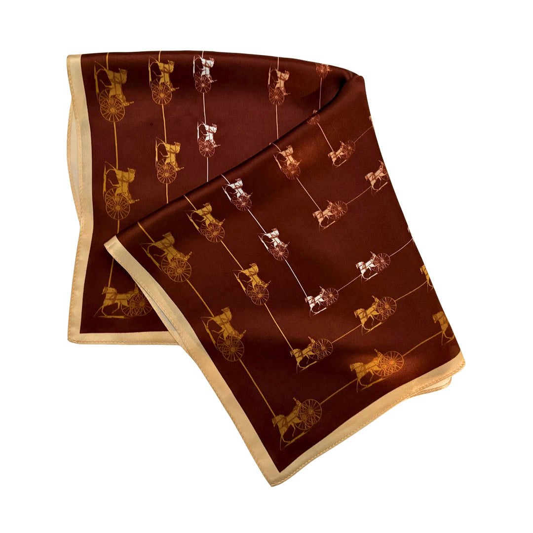 Horse and carriage silk scarf folded into a square layout showing different angles of the framed design.