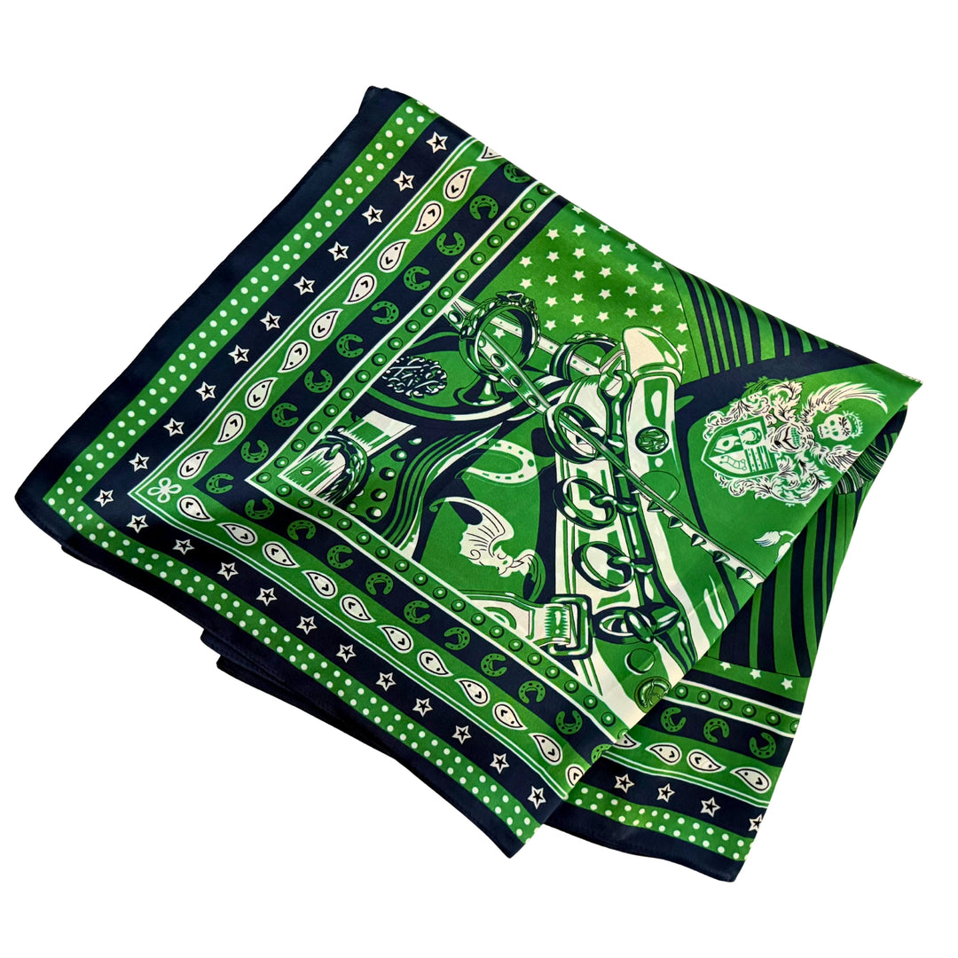Horse head silk scarf folded into a square layout showing different angles of the pattern.