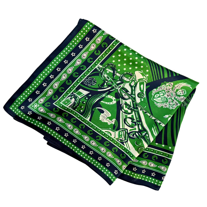 Horse head silk scarf folded into a square layout showing different angles of the pattern.