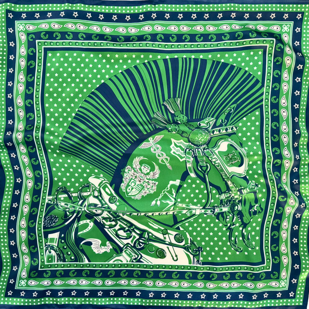 Horse head silk scarf with decorative framed motifs shown in full top view.
