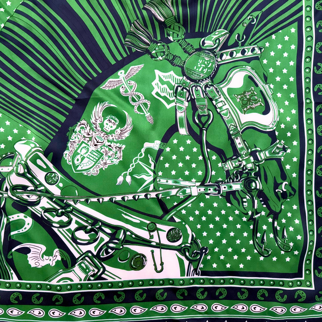 Close-up of horse head, horseshoes, stars and decorative framed details on silk.