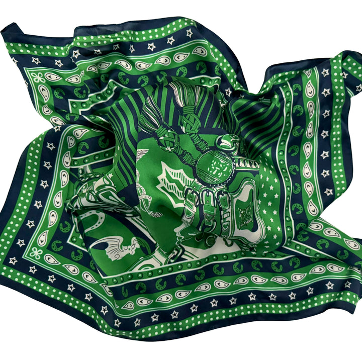 Horse head silk scarf loosely spread to display the full design.