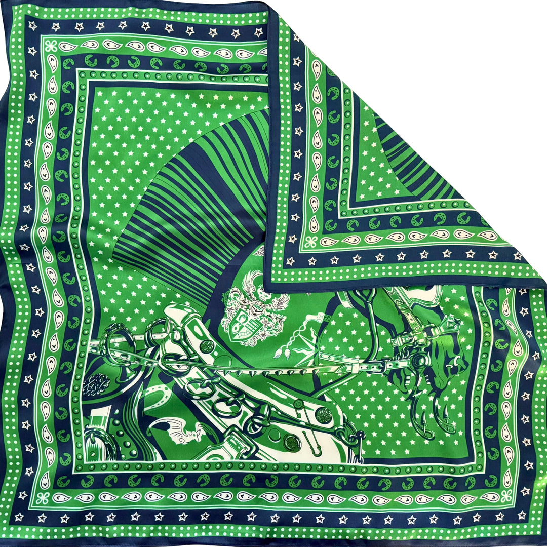 Horse head silk scarf with folded corner showing reverse side and one-sided print.