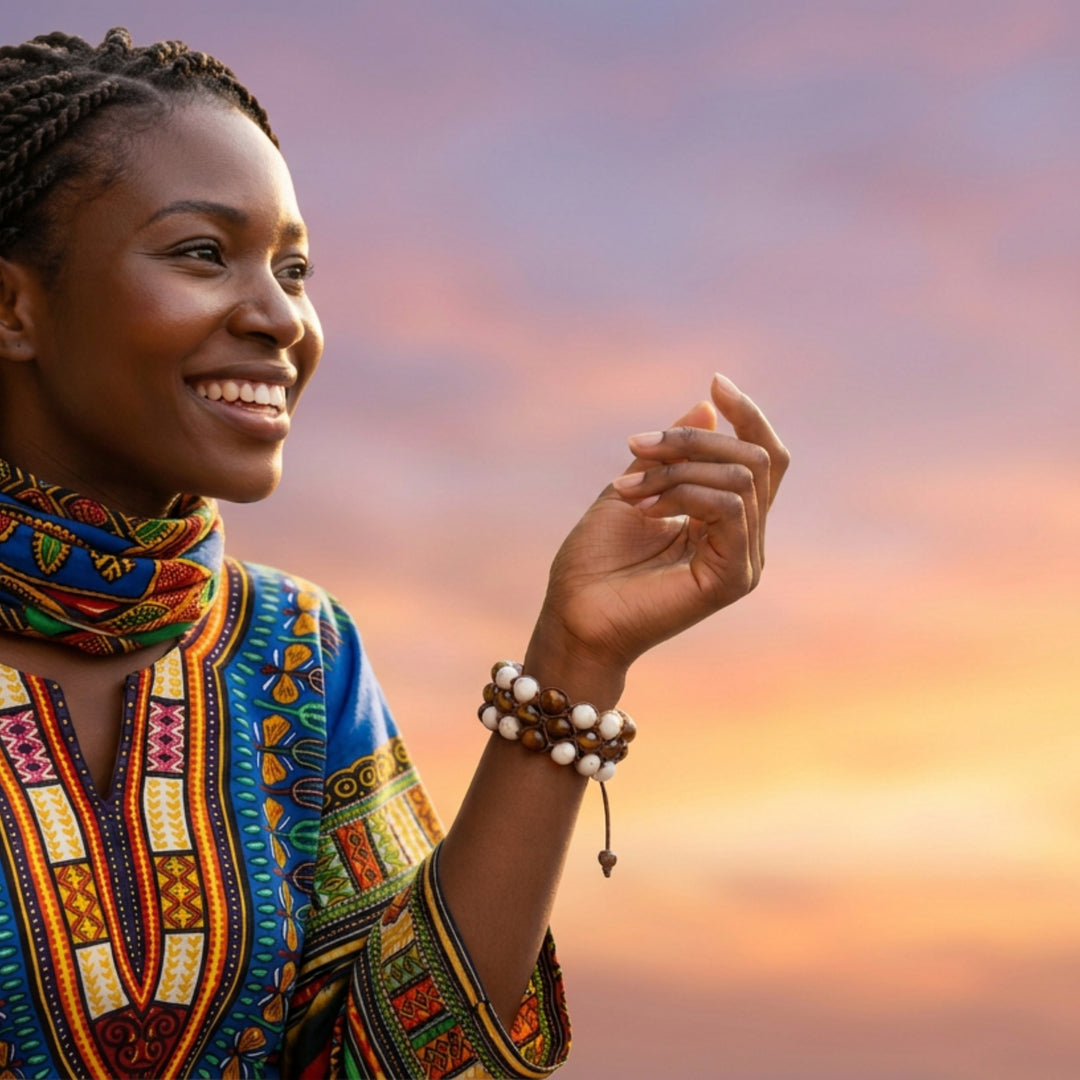 Colourful African woman wearing a handcrafted howlite macramé bracelet with wood and glass beads on her wrist.
