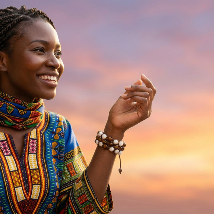 Colourful African woman wearing a handcrafted howlite macramé bracelet with wood and glass beads on her wrist.