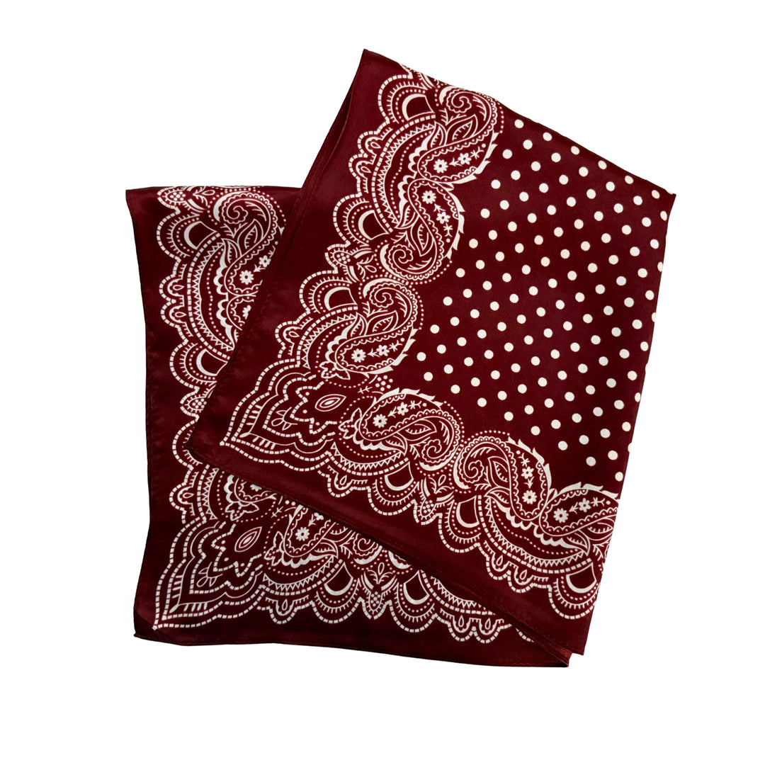Maroon paisley silk scarf folded into a square layout showing different angles of the design.