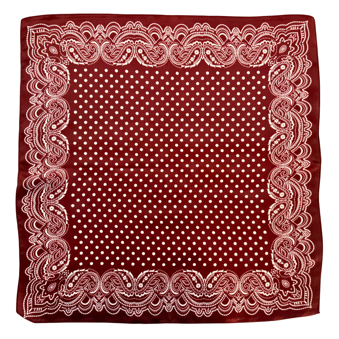 Maroon silk scarf with white dot centre and paisley border shown in full top view.