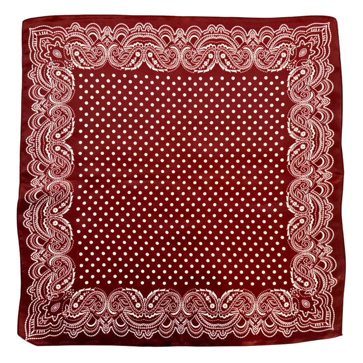 Maroon silk scarf with white dot centre and paisley border shown in full top view.
