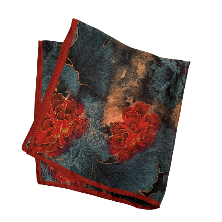 Red and blue floral silk scarf folded into a square layout showing different angles of the pattern.