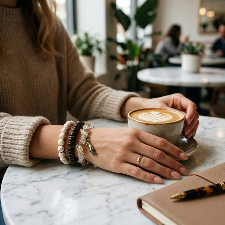Handcrafted set of three beaded bracelets with howlite, coconut wood, and mother of pearl worn on a relaxed woman’s wrist while drinking coffee in a café.