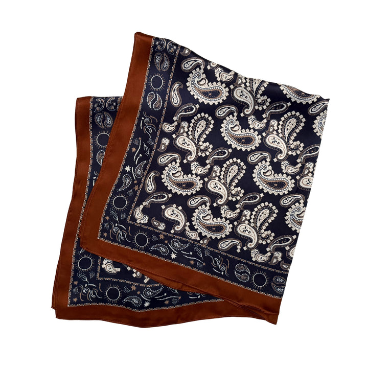 Paisley silk scarf folded into a square layout showing different angles of the pattern.