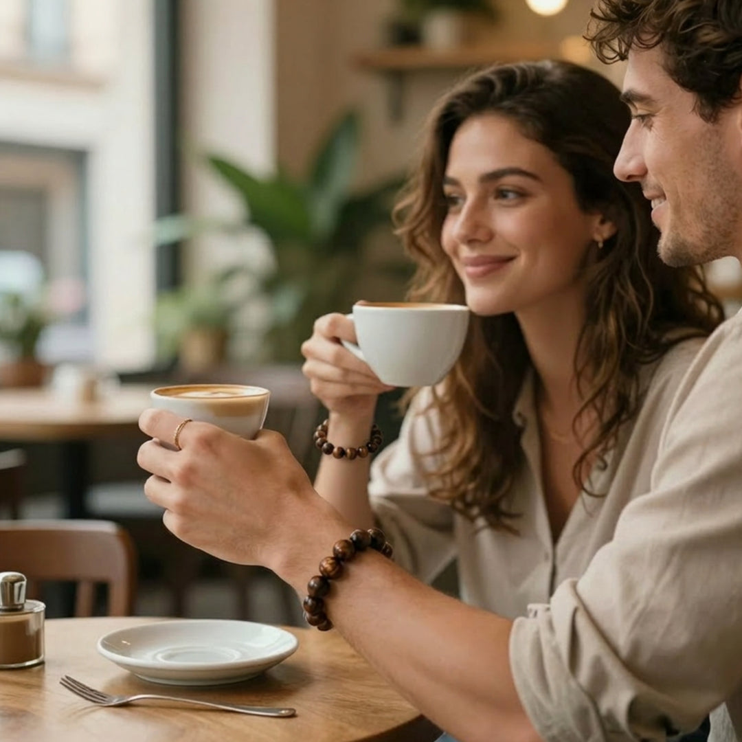 A couple drinking coffee while both wearing matching brown round wooden beaded bracelets, shown in a casual lifestyle setting.